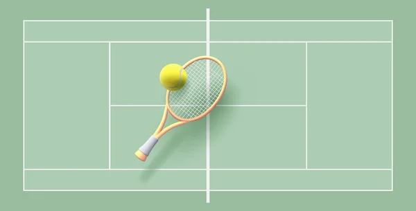 Tennisschläger Und Tennisball Auf Grünem Tennisplatz Hintergrund Illustration Oder Banner — Stockvektor