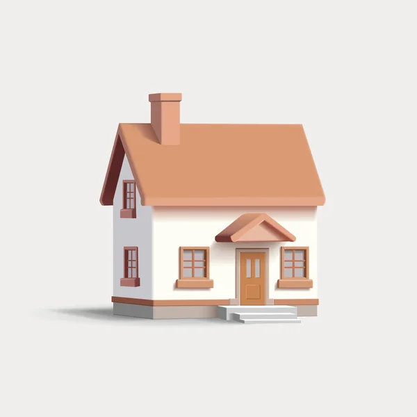 Ilustrasi Vektor Render Rumah Terpisah Putih Dengan Atap Coklat Lantai - Stok Vektor