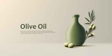 3D gerçekçi zeytin yağı sürahisi sürahi zeytin dalı ve yeşil zeytinli zeytin dalı, reklam afişi şablonu
