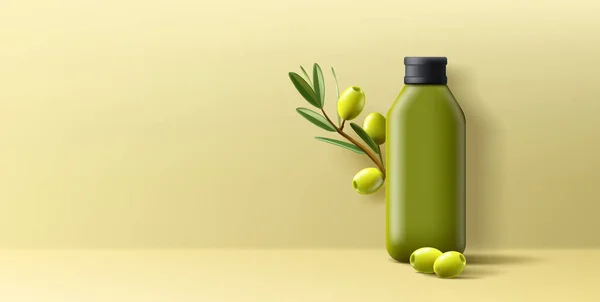 Bottiglia Olio Vettoriale Con Ramo Oliva Con Foglie Olive Verdi — Vettoriale Stock