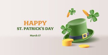 Saint Patrick's Day poster with clove leaves and green hat with falling golden coins. Vector 3d render illustration. clipart