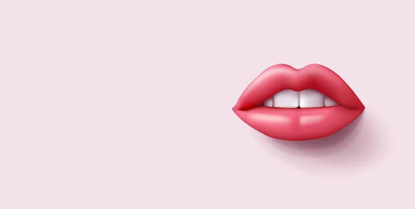 パステルピンクのバックグラウンドで隔離されたピンクの口紅と笑顔の3D現実的な美しい女性の唇 レンダリングベクトルイラスト — ストックベクタ