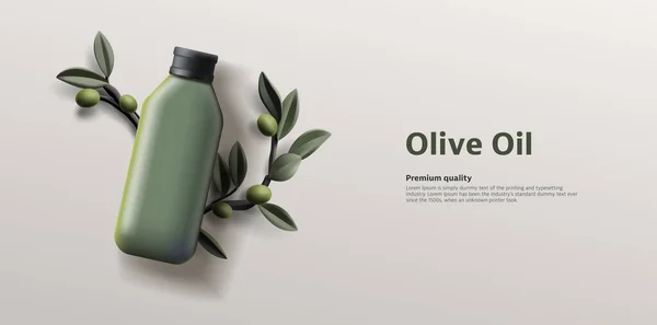 3D带叶子和绿色橄榄的橄榄枝的向量橄榄油瓶 广告海报模板横幅 矢量图形