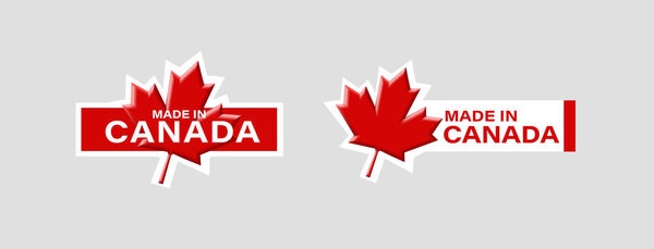 set of made in canada labels, with volume maple leaf in canadian flag coclors, red and white, isolated badge