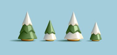 Noel ağaçlarının 3 boyutlu çizimi. Tatil elementleri izole edildi. Yeşil ve beyaz koni şekilli heykeller ağaçlar ve altın tezgah, izole edilmiş set