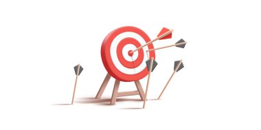 Archery target ring with one hitting center and many missed arrows. Dartboard on tripod isolated on white background. Business success and failure symbol. Goal achieving concept. Vector cartoon illustration. Isolated clipart