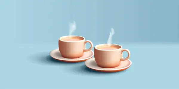 3d illustration of two coffee or tea cup with saucer, hot autumn beverage with steam, isolated couple on blue