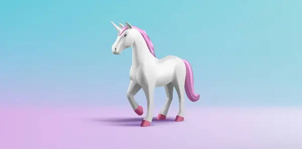 Gambar Render Kuda Unicorn Dengan Surai Merah Muda Dan Cerita - Stok Vektor
