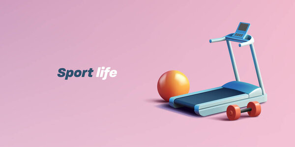 Главная спортивная композиция беговой дорожки с гантели и фитнес-мяч векторной иллюстрацией, баннер
