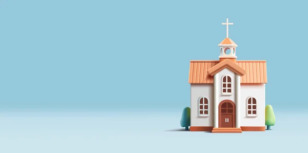 Render Ikon Bangunan Gereja Fasad Putih Dengan Semak Semak Dan - Stok Vektor