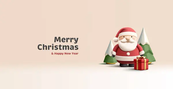 Rendering Realistische Weihnachtsmann Figur Mit Roter Goft Box Und Weihnachtsbäumen Vektorgrafiken