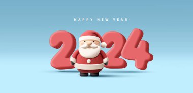 Sıfır yerine üç boyutlu Noel Baba ile mutlu yıllar, modern gerçekçi selamlama, kartpostal ya da karikatür karakterli afiş, mavi üzerine izole edilmiş