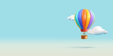 Sepetli sıcak hava balonu, bulutlar içinde gökyüzünde uçan üç boyutlu çizim, kompozisyon arkaplanı oluşturma