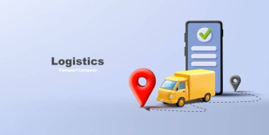 Akıllı telefon ve rota şifreli hızlı teslimat sarı kamyon, çevrimiçi izleme uygulaması, oluşturma kompozisyonu, lojistik şirketi web afişi