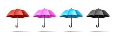 Gerçekçi yağmur şemsiyesi çizimleri, 3 boyutlu karikatür tarzı hacim grafikleri farklı renklerde, izole edilmiş