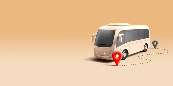 3D现实的公共汽车渲染说明与路线虚线和销地理标记 现代公共交通概念车 棕色单色 免版税图库插图