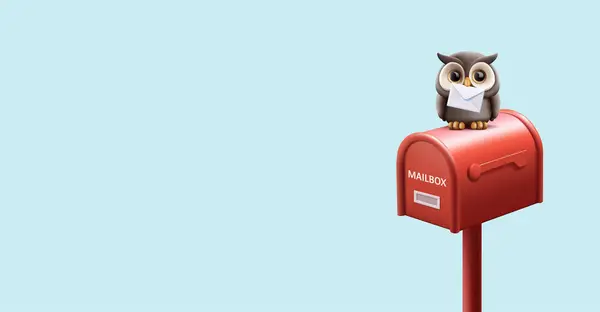 Illustration Der Eule Auf Rotem Briefkasten Sitzend Mit Umschlag Schnabel Stockvektor