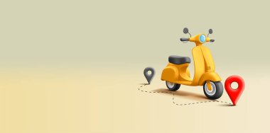 Scooter motorsiklet 3d çizim karikatür vektör illüstrasyonu, gerçekçi detaylı retro klasik scooter coğrafi lobutlar ve yol kompozisyonu