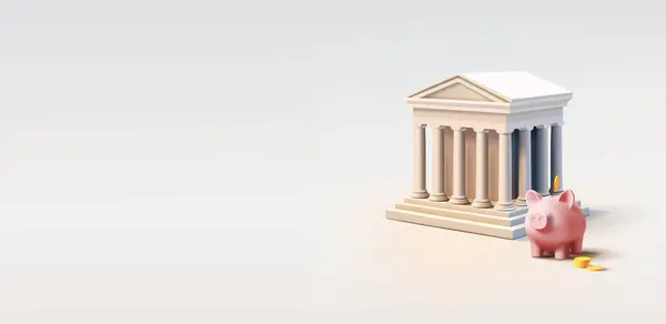 Ilustração Renderização Realista Edifício Bancário Com Modelo Banner Poupança Bancária Vetores De Bancos De Imagens Sem Royalties