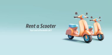Retro motorsiklet kompozisyonunun 3 boyutlu gerçekçi karikatür çizimi içeren bir scooter servis pankartı kiralayın