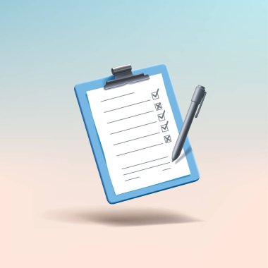 Panodaki 3d mavi kontrol listesi, işaretli ve kalemli uygulama. Yapılacak işler, alışveriş, sağlık, iş ve eğitim listeleri. 3d karikatür basit vektör çizimi, izole