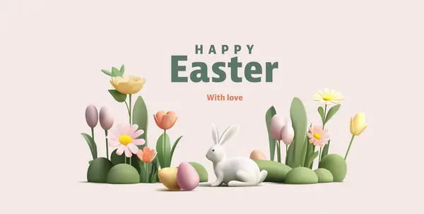 快乐的复活节海报与3D渲染复活节彩蛋和兔子在花卉场 蛋狩猎 游戏横幅组成 免版税图库插图