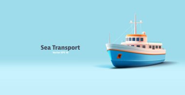 3D gerçekçi renkte yolcu gemisi çizimi. Balıkçılık, mavi ve beyaz renkler için gemi çizimi.