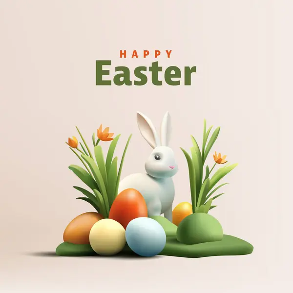 Happy Easter Wenskaart Met Renderen Paaseieren Konijnen Sinaasappelbloemen Jacht Samenstelling Rechtenvrije Stockvectors