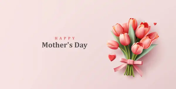 Tulip Buket Ilustrasi Dengan Busur Dan Terbang Hati Ibu Ibu Stok Vektor
