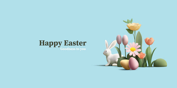 Happy Easter banner with 3d render Easter eggs and Easter bunny in flowers and grass field, egg hunting composition