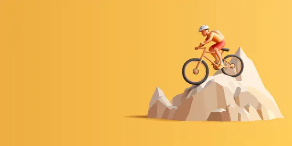 洛基山脉的岛屿上 骑自行车的人背着背包 头戴安全帽 骑自行车在山上 3D渲染构图 — 图库矢量图片#