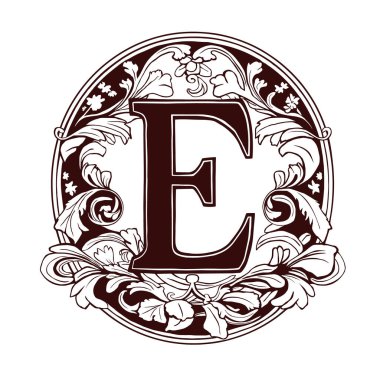 E harfi çiçek baş harfleri. Beyaz arkaplanda klasik süsleme ilk alfabe spiral biçimi.