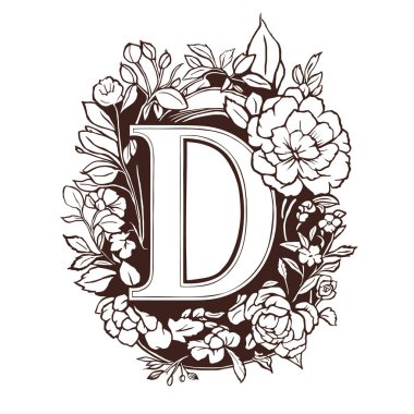 D harfi çiçek baş harfleri. Beyaz arkaplanda klasik süsleme ilk alfabe spiral biçimi.