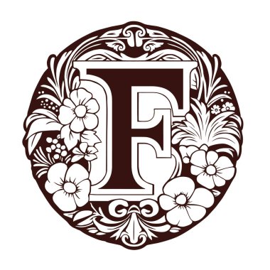 F harfi çiçek baş harfleri. Beyaz arkaplanda klasik süsleme ilk alfabe spiral biçimi.