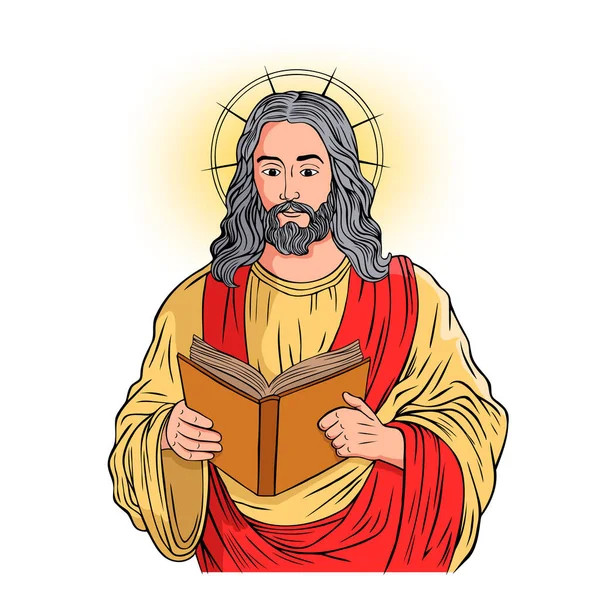 イエス キリストの漫画のイラストは白い背景に聖書を教え 保持します — ストックベクタ