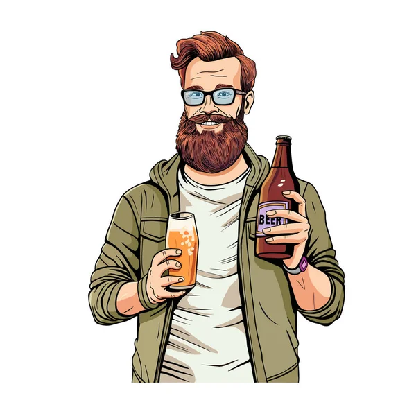兴高采烈的胡子男人拿着一杯啤酒 白色背景的矢量说明 — 图库矢量图片