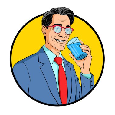 Çekici adam bardaktan su içiyor. Beyaz arkaplanda pop-art tarzı vektör.