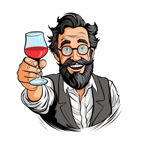 赤ワインのグラスを持ったヒップスター ホワイトバックグラウンドの漫画ベクターイラスト — ストックベクタ