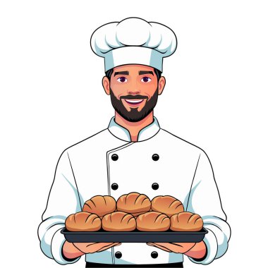 Gülümseyen Erkek Fırıncı Taze Ekmek Tepsisi. Vektör İllüstrasyonu