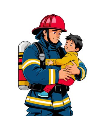 İtfaiyeciler çocuğu yangından kurtarıyor. Hayat kurtarıyorum. Üniformalı itfaiyeciler yangını söndürüyorlar. İzole edilmiş.