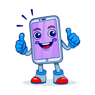 Çizgi film akıllı telefon maskotu. Komik cep telefonu karakteri, akıllı telefonlar, yüz bacakları ve kolları. İzole vektör illüstrasyonu.