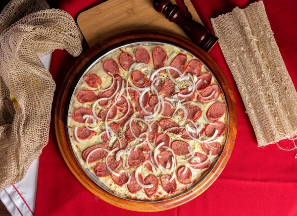 Pepperoni Pizza Wooden Background Brazilian Pizza Called Pizza Calabresa Top Stok Gambar