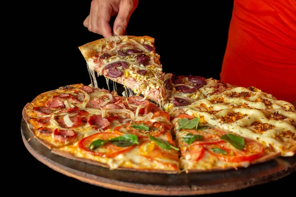 Potongan Pizza Portugis Disajikan Dengan Keju Yang Meleleh Atas Nampan Stok Foto