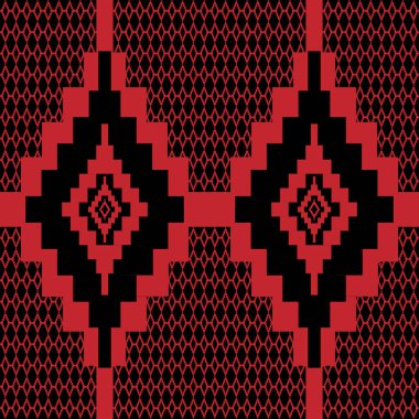 Seamless fabric geometric pattern in red on a black background.