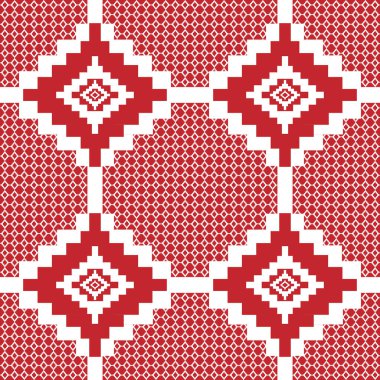 Seamless fabric geometric pattern in red on a white background.