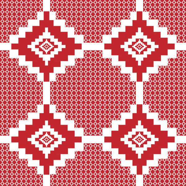 Геометрический узор из бесшовной ткани в красном на белом фоне.