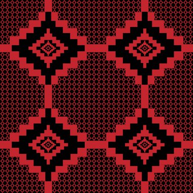 Seamless fabric geometric pattern in red on a black background.