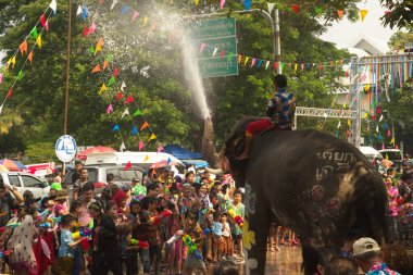 AYUTTHAYA , THAILAND - APRIL13, 2018: Elephants are using their trunks to spray water for Thai people and foreign tourists having fun. During the Songkran Festival, the traditional Thai New Year. At the road in Ayutthaya province, Middle of Thailand.
