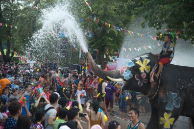 Ayutthaya, Thailand - April 13,2018: Thai people and traveler foreigner join with Songkran Festival is celebrated in a traditional New Year's Day from April 13 to 15, with the splashing water with elephants at a road in Ayutthaya Province ,Thailand. 