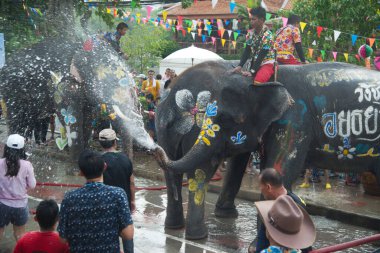 AYUTTHAYA , THAILAND - APRIL13, 2018: Elephants are using their trunks to spray water for Thai people and foreign tourists having fun. During the Songkran Festival, the traditional Thai New Year Day . At the Naresuan road in Ayutthaya city ,Thailand.